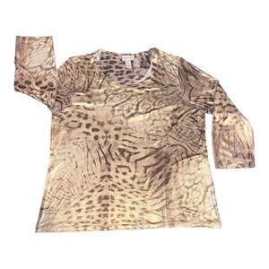 Zenergy Chico’s Gold Brown Shimmer Animal Print Blouse Top Sz 2 (L) Stretchy